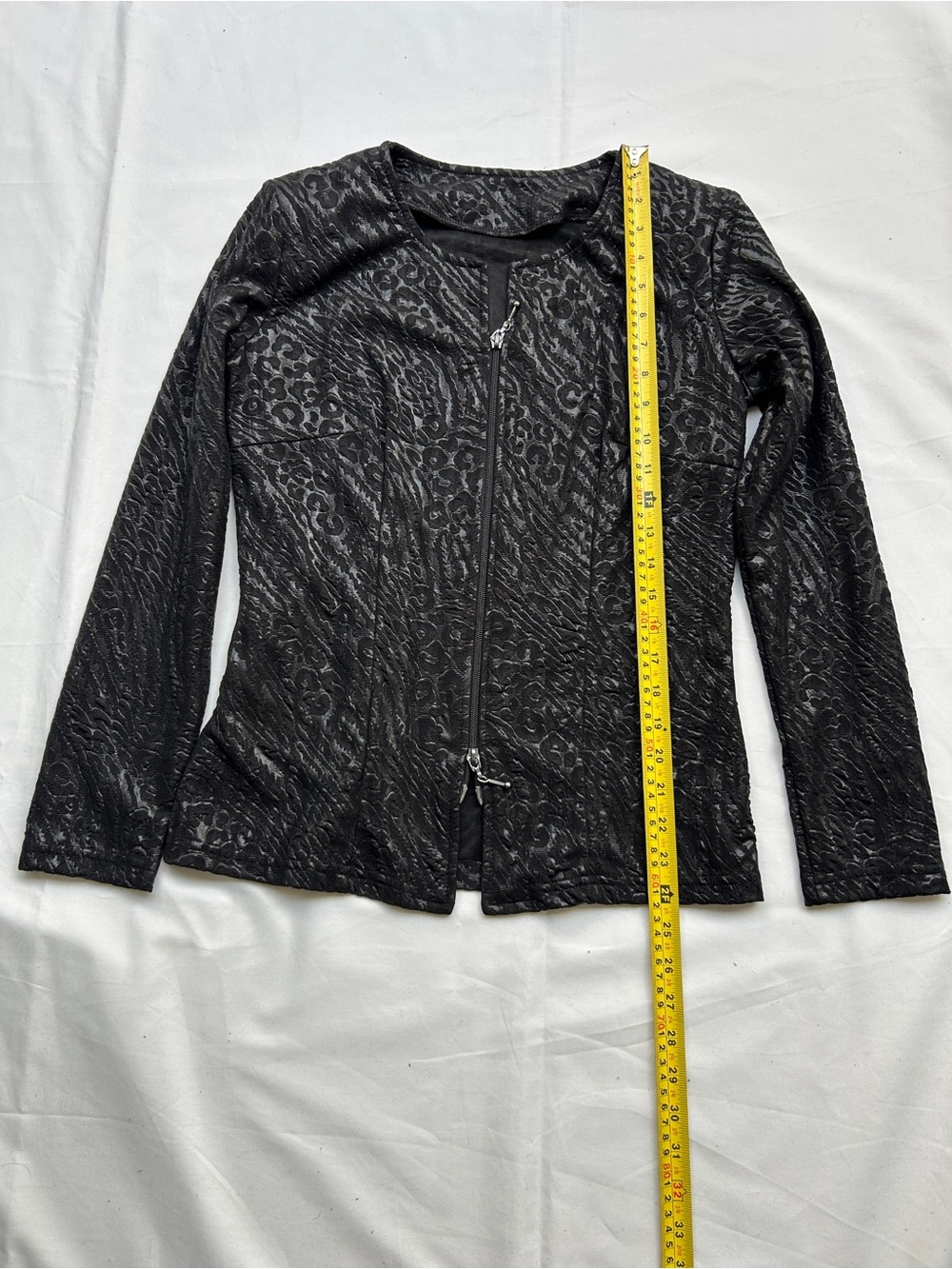 Black Textured Zip-Front Women's Top